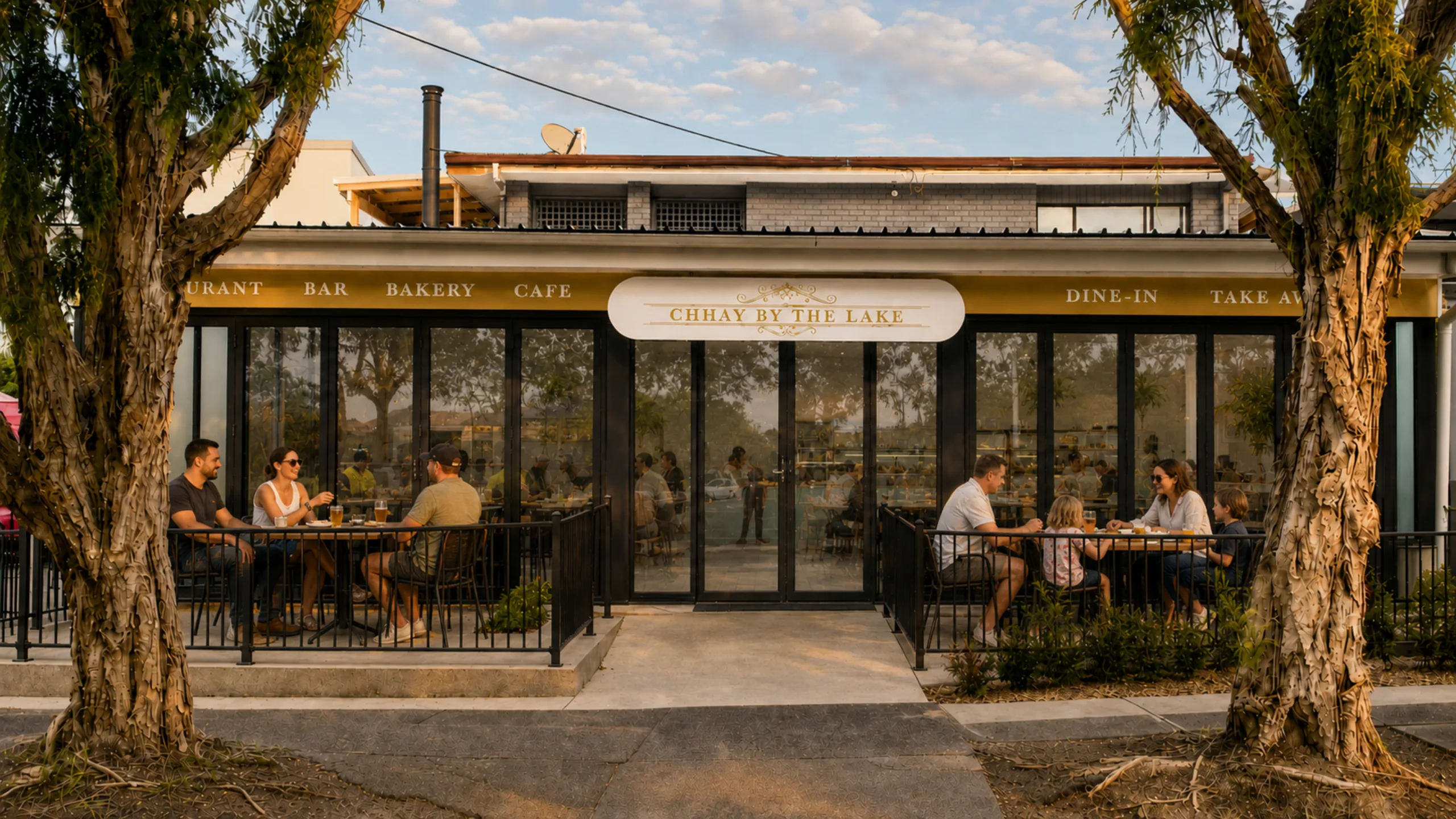 Chhay By The Lake frontage with locals, tradies and families enjoying coffee and lunch