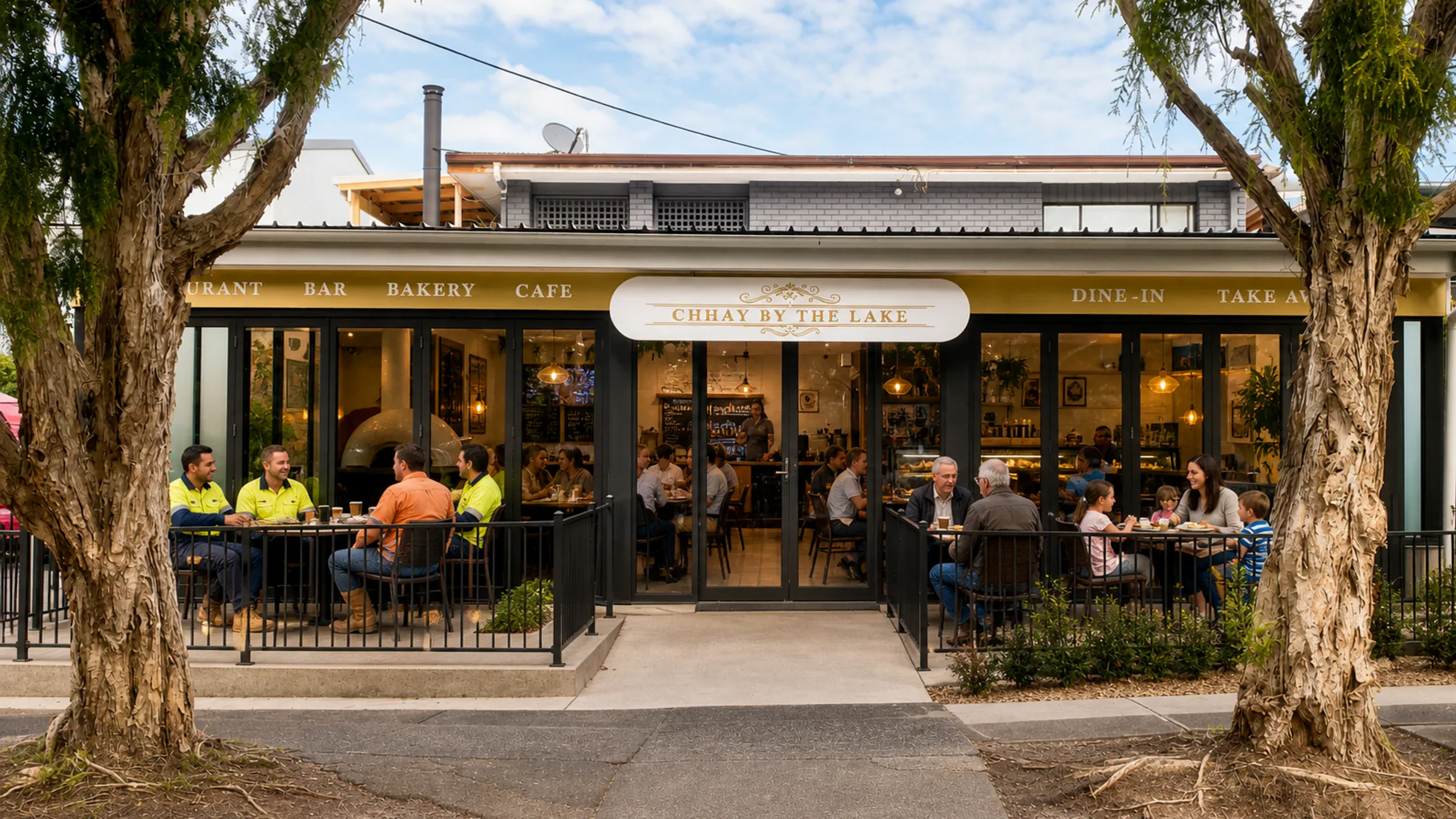 Chhay By The Lake frontage with locals, tradies and families enjoying coffee and lunch