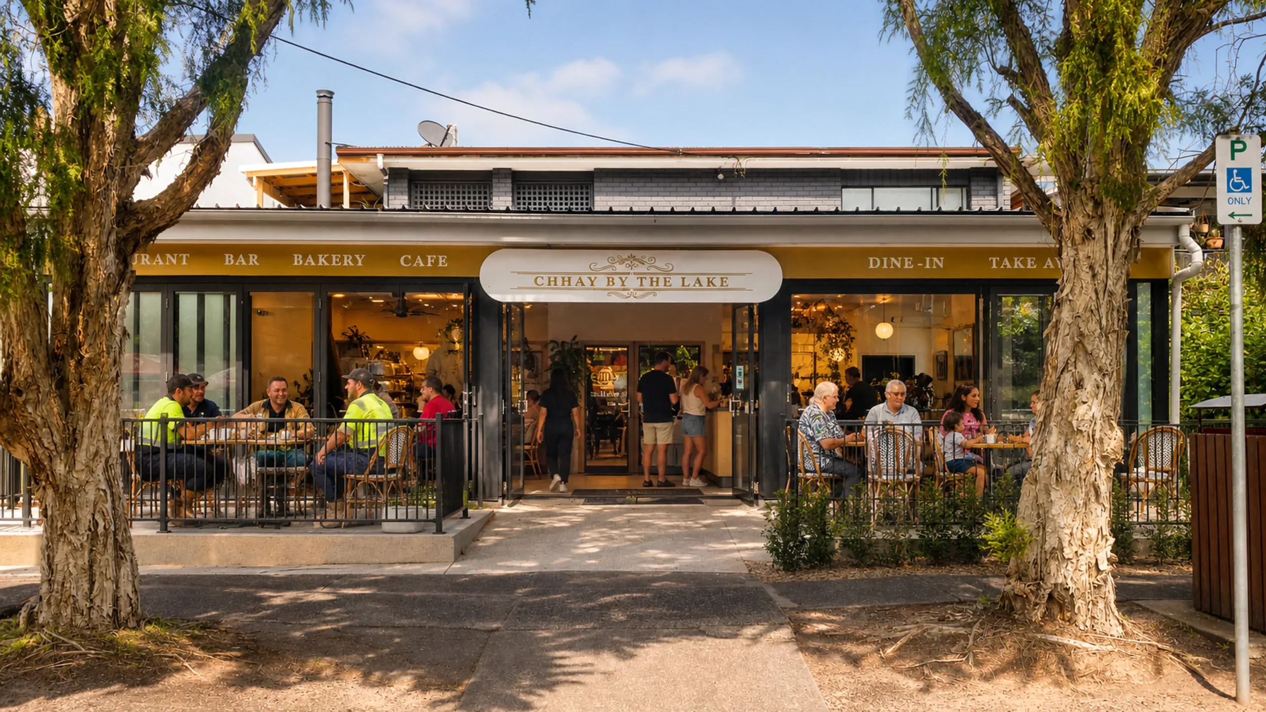 Friendly local cafe promo scene with tradies, older locals and families