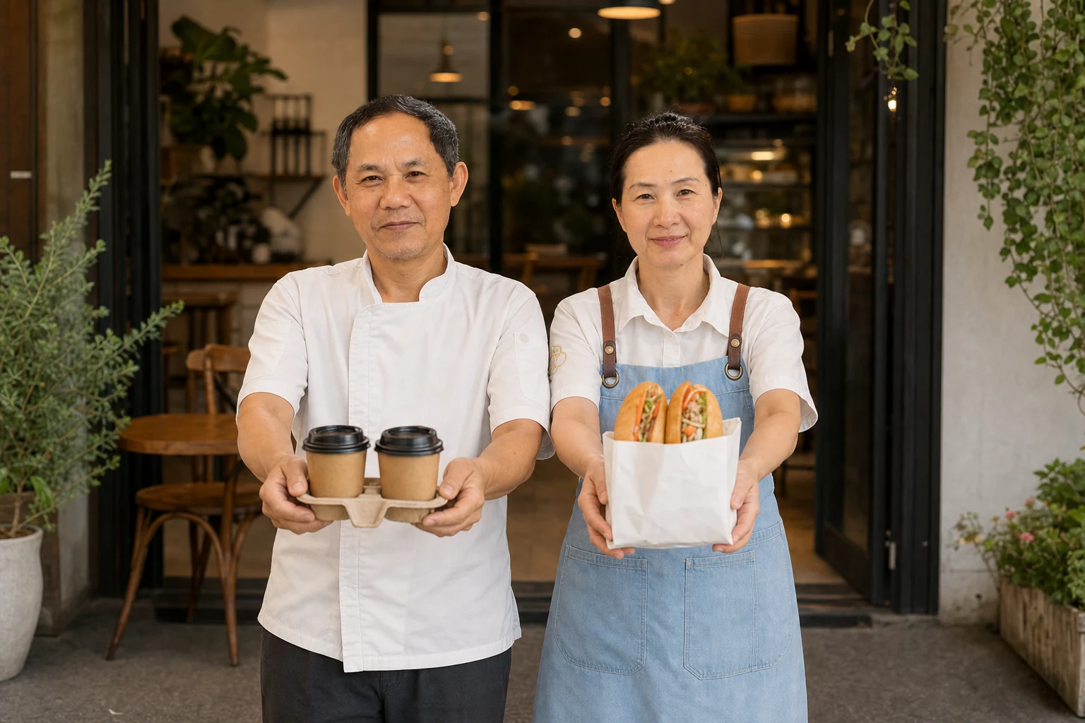 Chhay and Lan welcoming guests to Chhay By The Lake with takeaway coffees and fresh Banh Mi